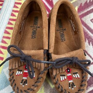 Minnetonka Kids Tan Moccasins with Colorful Beads